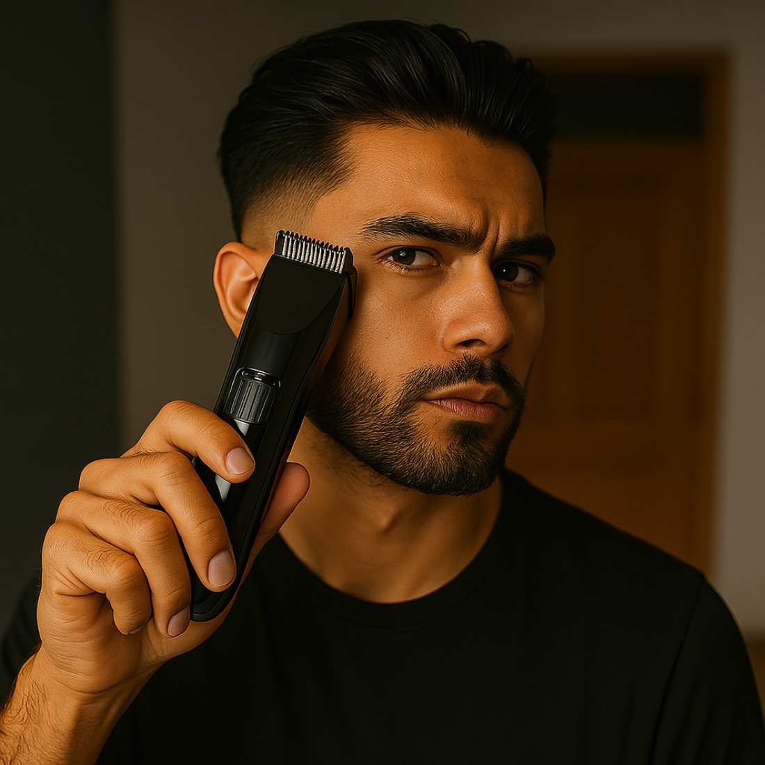 Black hair trimmer used for facial hair edging near the temple