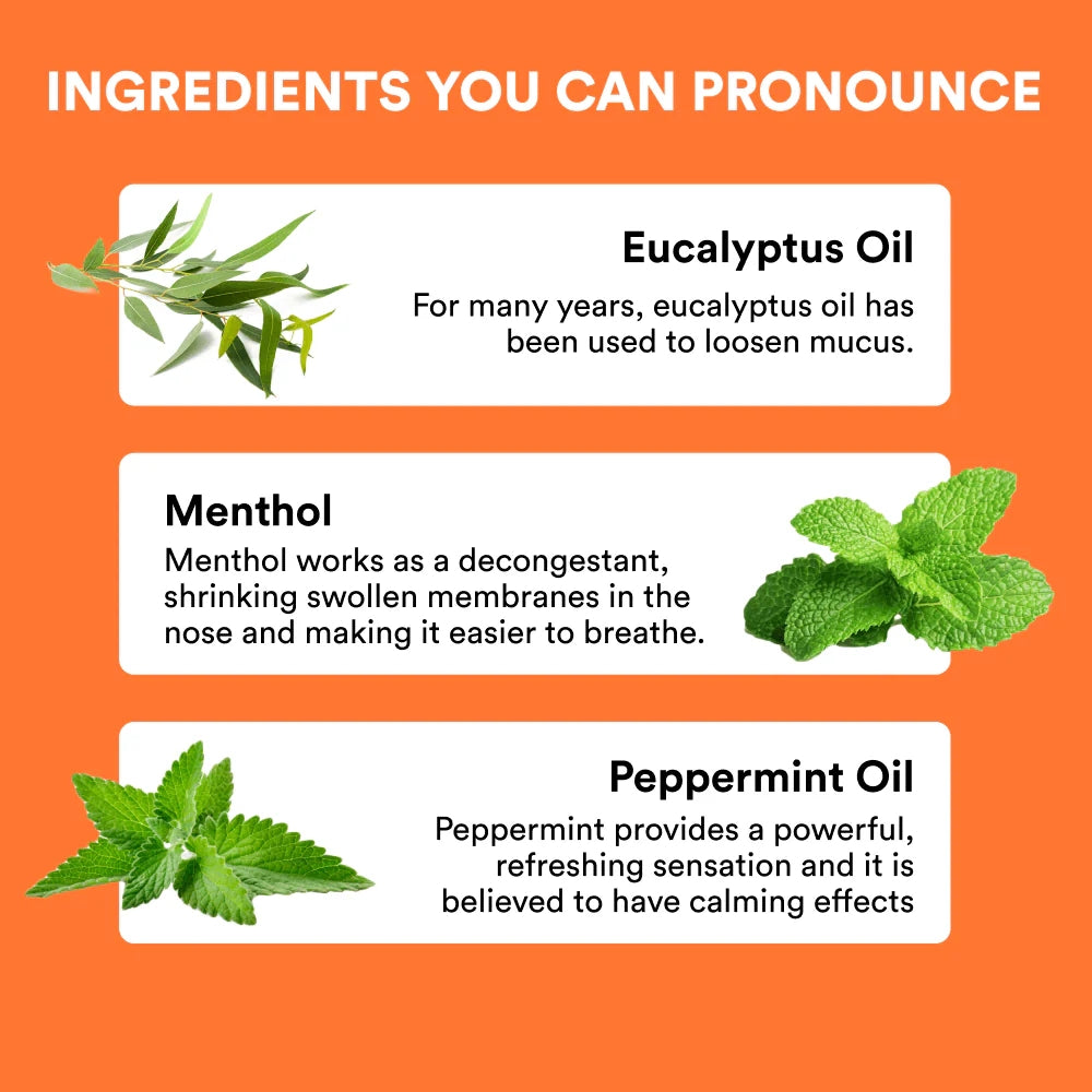 Nasal stick ingredient panel card showing eucalyptus oil, menthol, and peppermint oil