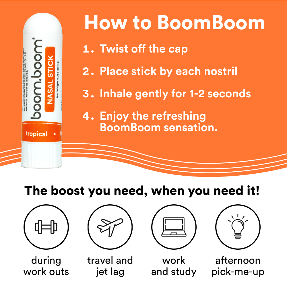 Nasal stick next to illustrated usage steps: twist cap, place nostril, inhale gently