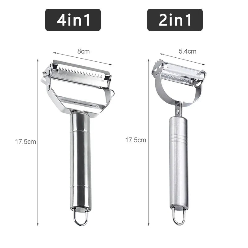 Stainless steel 4-in-1 peeler sizing diagram showing 8cm blade width and 17.5cm length
