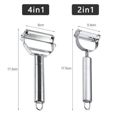 Stainless steel 4-in-1 peeler sizing diagram showing 8cm blade width and 17.5cm length