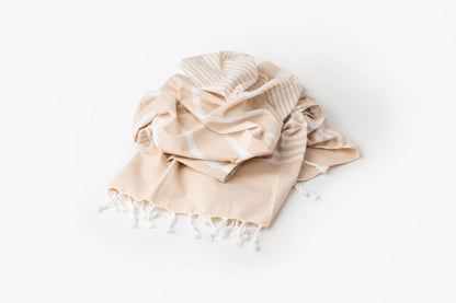 Turkish beach towel, cream with thin beige stripes and tassel fringe