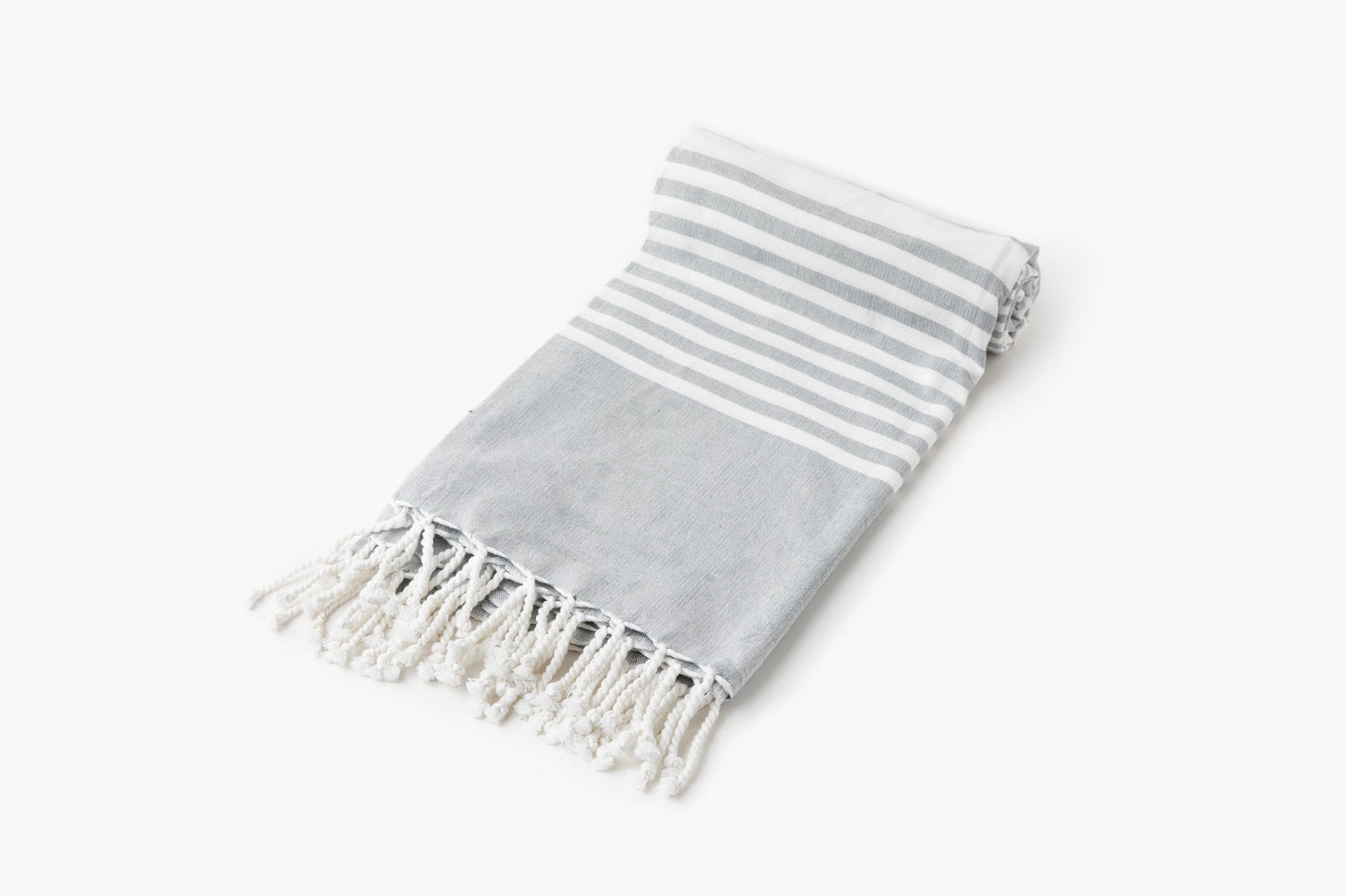 Turkish beach towel, gray with white horizontal stripe and tassel fringe