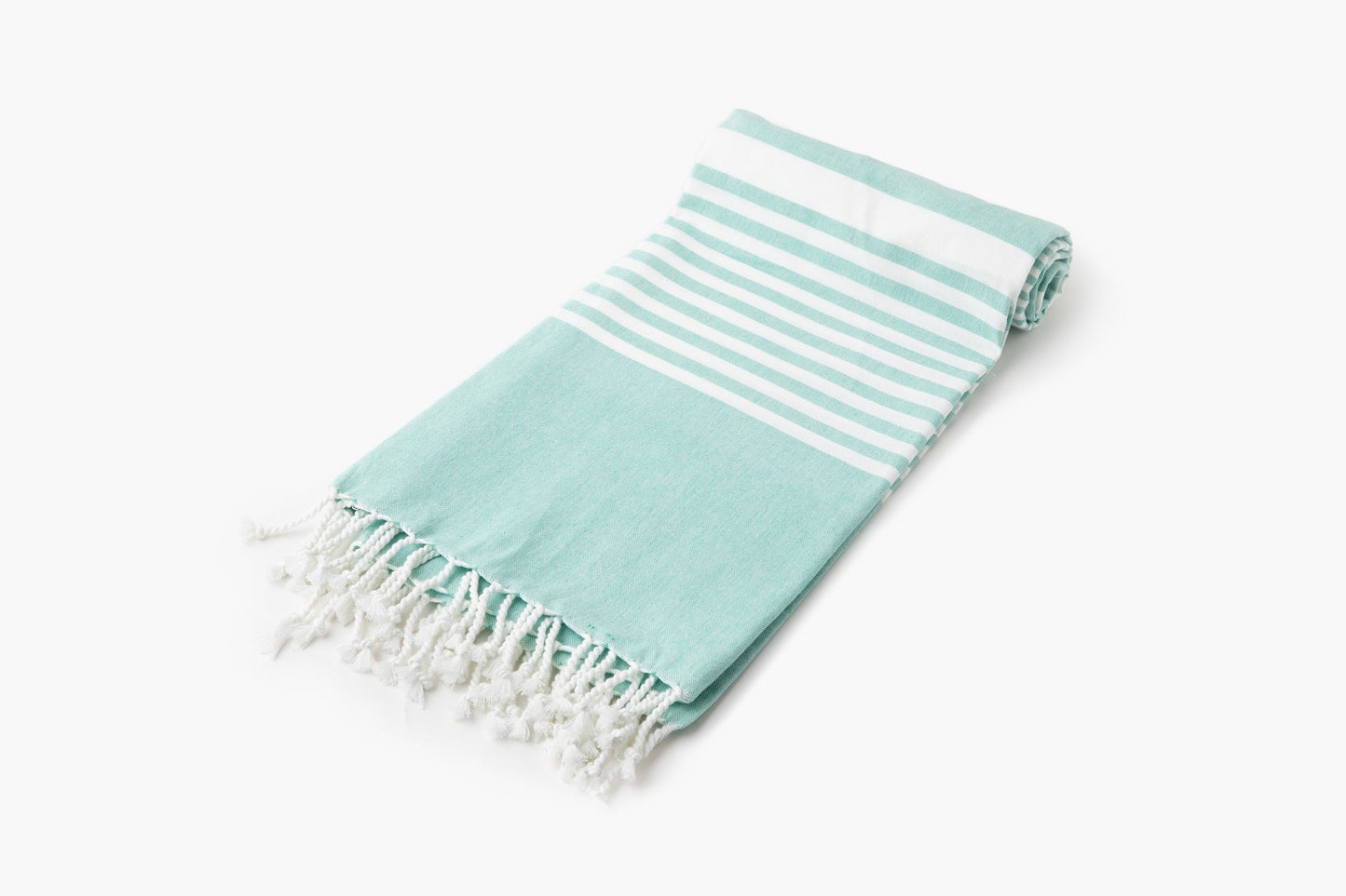 Turkish beach towel, teal with white stripes and tassel fringe