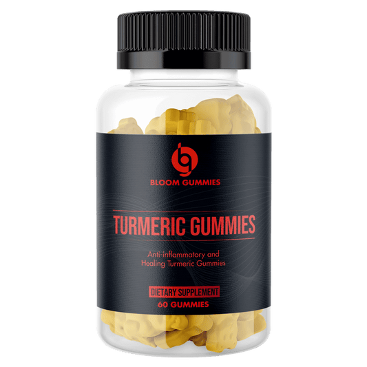 BLOOM by ZNETICS turmeric gummies bottle with yellow gummy shapes inside