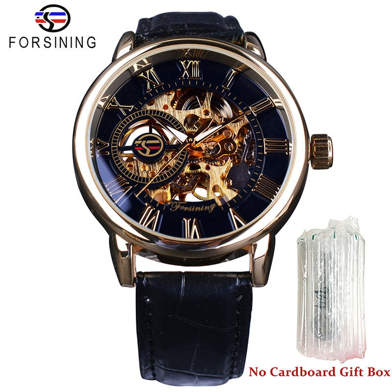 Men's skeleton watch with dark blue dial, gold-tone case, black leather strap