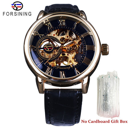 Men's skeleton watch with dark blue dial, gold-tone case, black leather strap