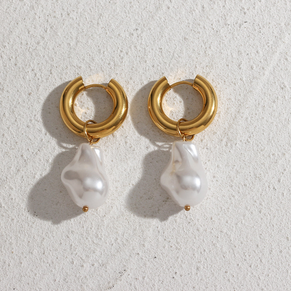 Gold-tone hoop water-drop earrings with white synthetic pearl drops, pair