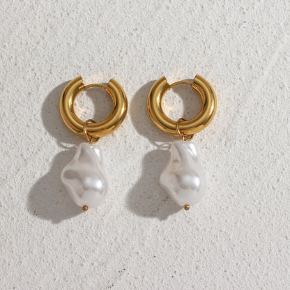 Gold-tone hoop water-drop earrings with white synthetic pearl drops, pair