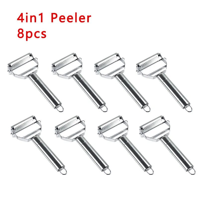 Stainless steel 4-in-1 peeler set with eight roller blades and metal frames