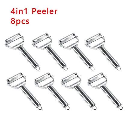 Stainless steel 4-in-1 peeler set with eight roller blades and metal frames