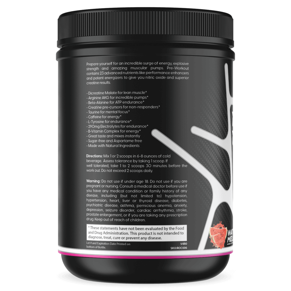 Pre-workout supplement tub back panel with directions and warning text, black and white