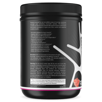 Pre-workout supplement tub back panel with directions and warning text, black and white