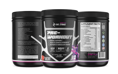 Three pre-workout supplement tubs, black with white PRE-WORKOUT labels and pink band