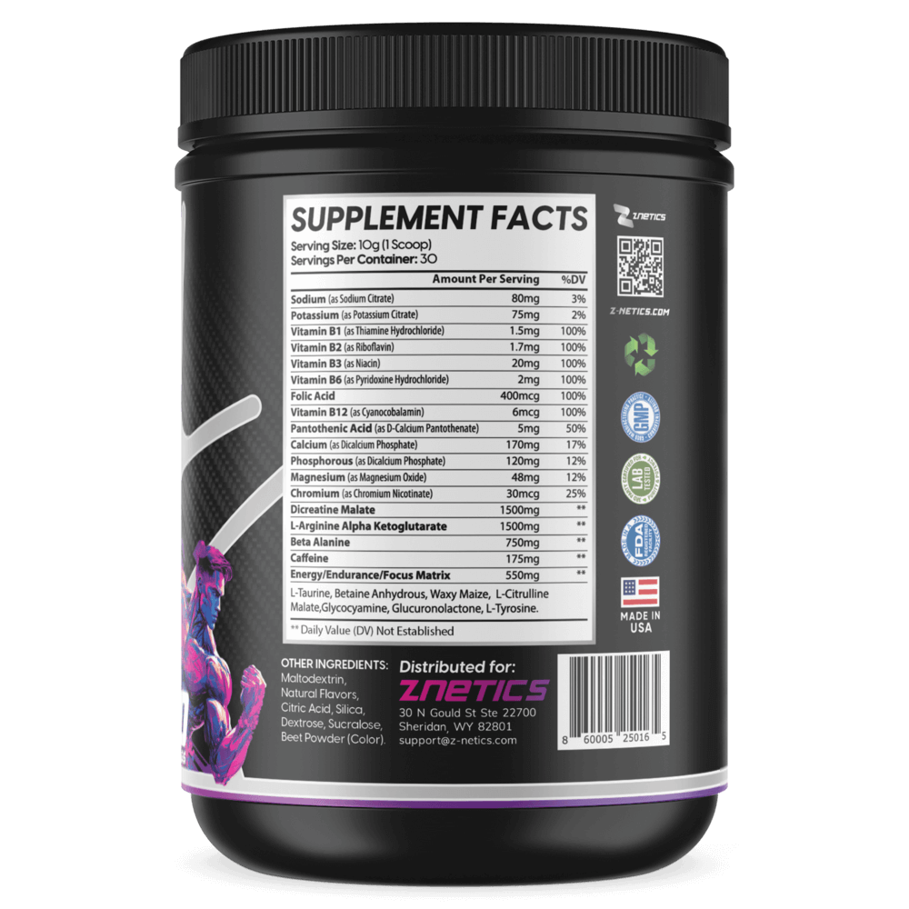 Pre-workout supplement tub back label with Supplement Facts panel and barcode, black