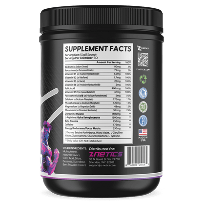 Pre-workout supplement tub back label with Supplement Facts panel and barcode, black