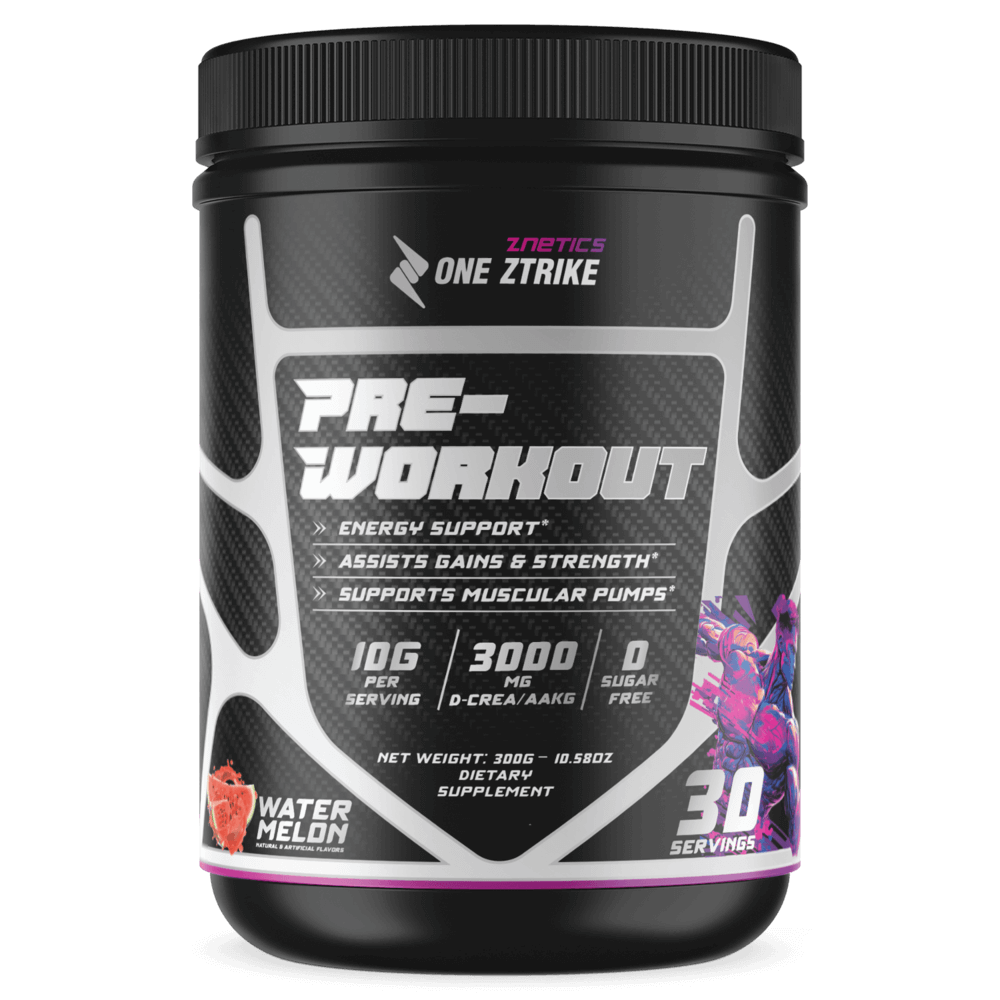 Pre-workout supplement tub, black with white label and pink accents, Watermelon flavor