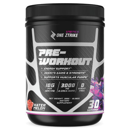 Pre-workout supplement tub, black with white label and pink accents, Watermelon flavor