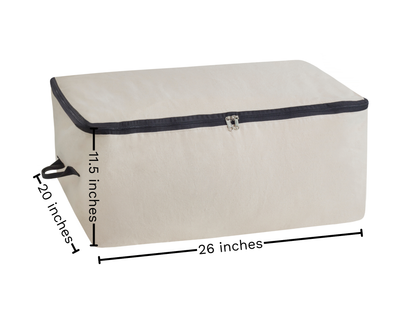 Comforter storage bag, beige; measures 26 in wide, 15 in high, 11 in deep