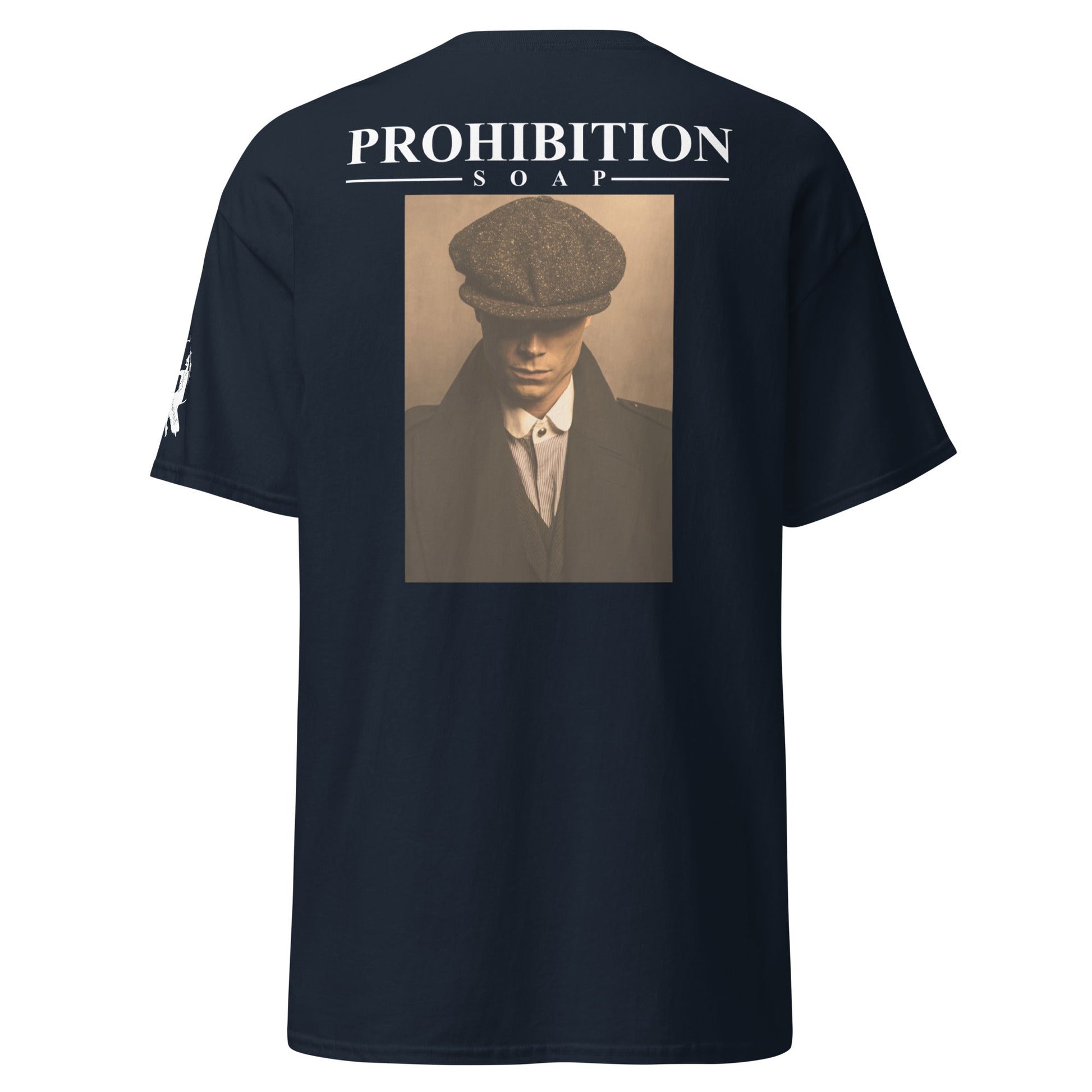 Navy T-shirt back with large Prohibition portrait print