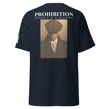 Navy T-shirt back with large Prohibition portrait print