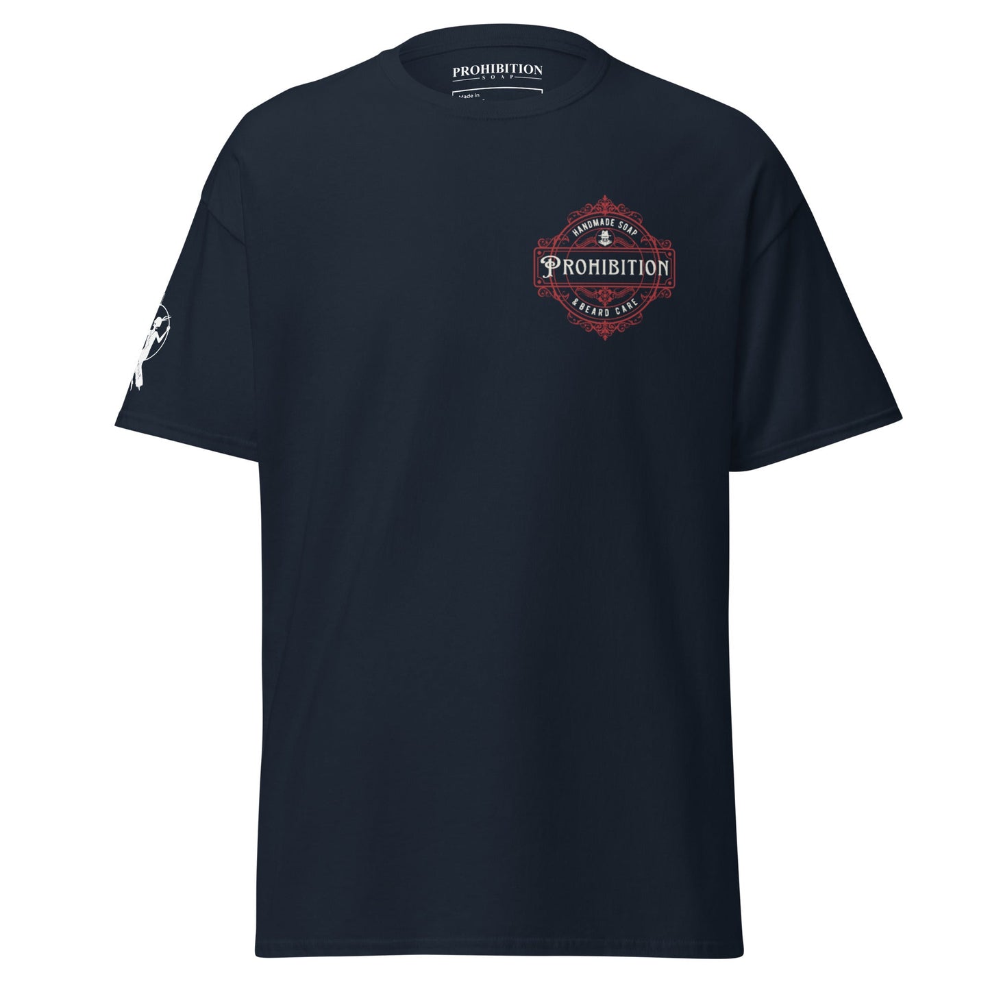 Navy T-shirt with Prohibition crest graphic at center chest