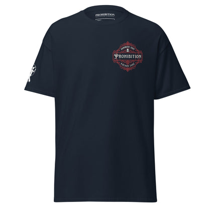 Navy T-shirt with Prohibition crest graphic at center chest