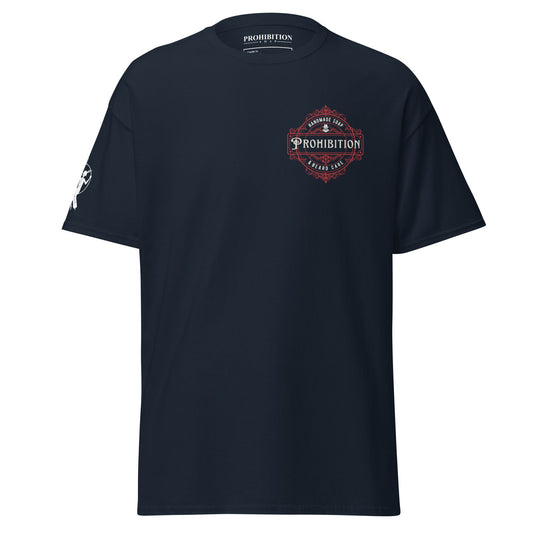 Navy T-shirt with Prohibition crest graphic at center chest