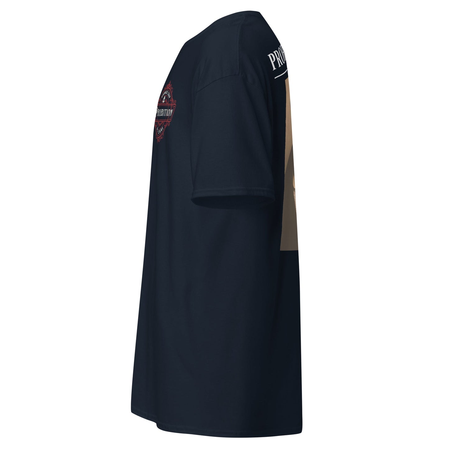 Navy T-shirt back view with sleeve crest patch graphic