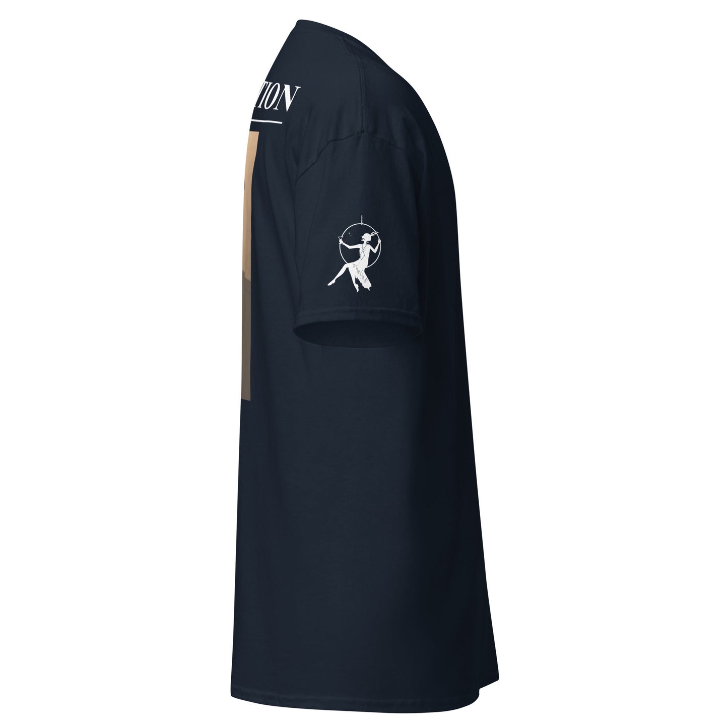 Navy T-shirt side view with back bird icon graphic