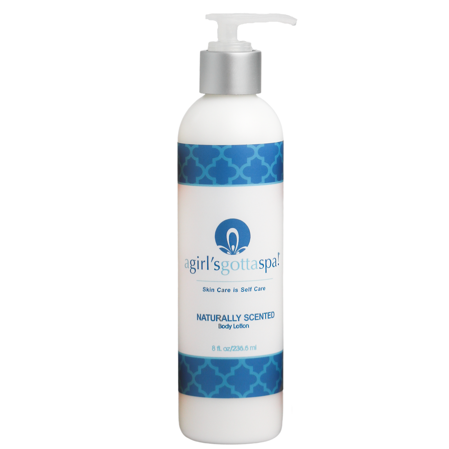 Body lotion bottle, front view, silver pump and blue patterned label