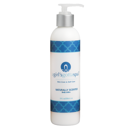 Body lotion bottle, front view, silver pump and blue patterned label