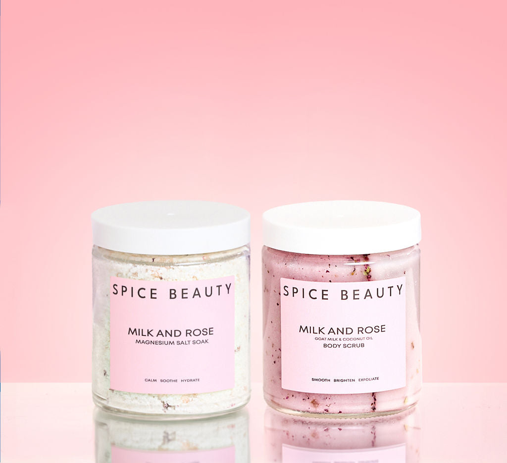 Soothe and Scent Duo two Milk and Rose jars with white lids