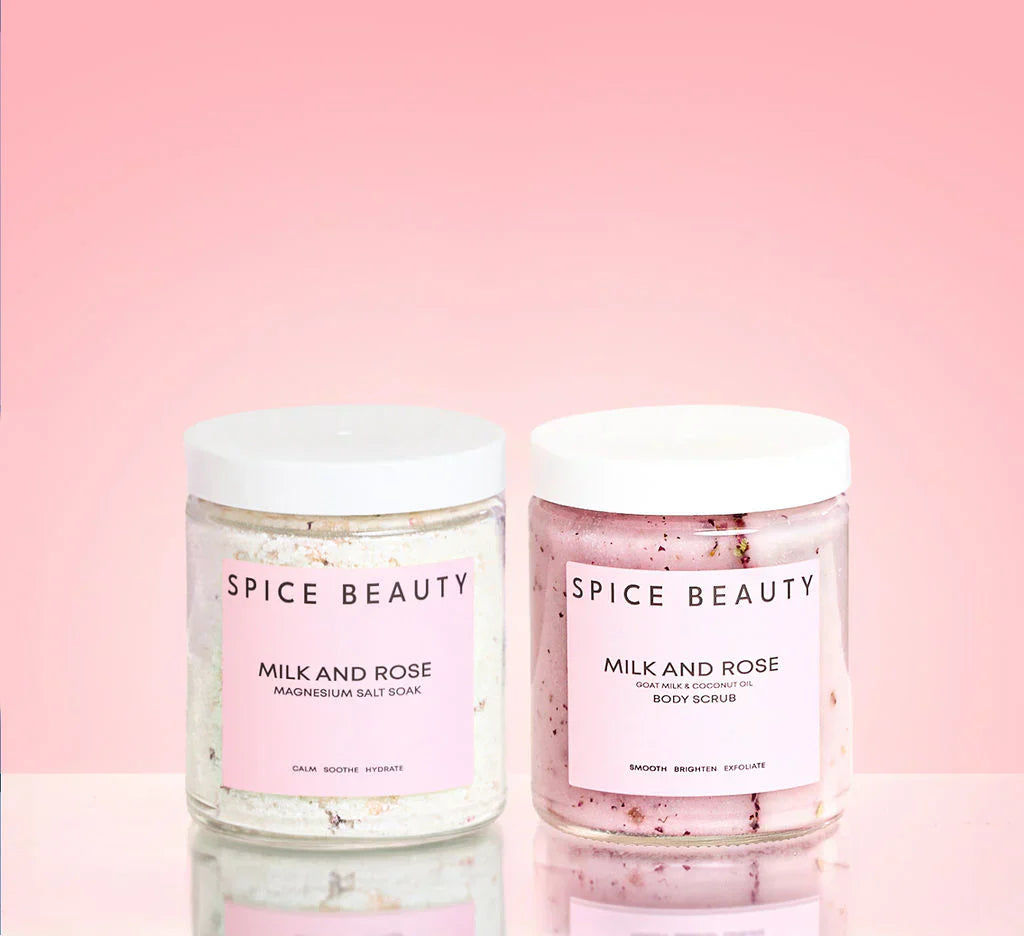 Milk and Rose jars set: pale soak jar and pink body scrub jar, two lids