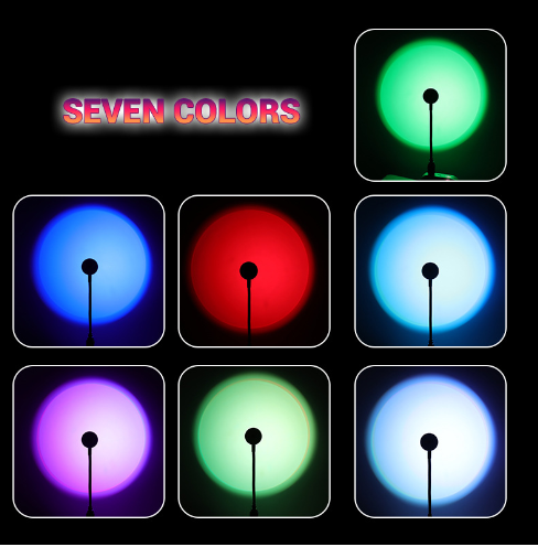 Sunset lamp with seven color modes in circular glow: purple, green, blue, red