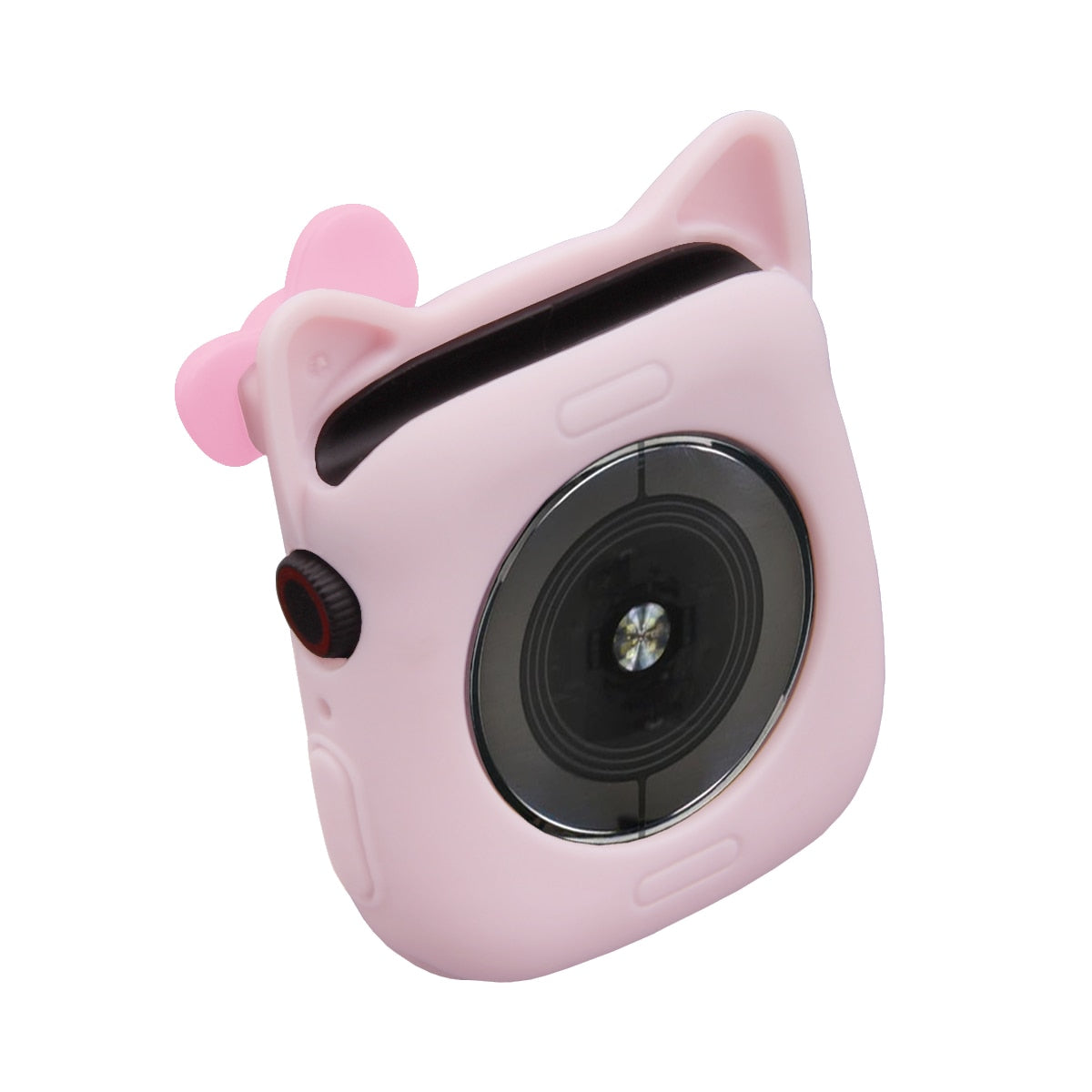 Cat watch cover case for Apple Watch, pink silicone back with large lens-style opening