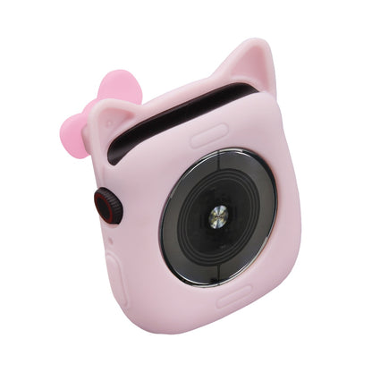 Cat watch cover case for Apple Watch, pink silicone back with large lens-style opening