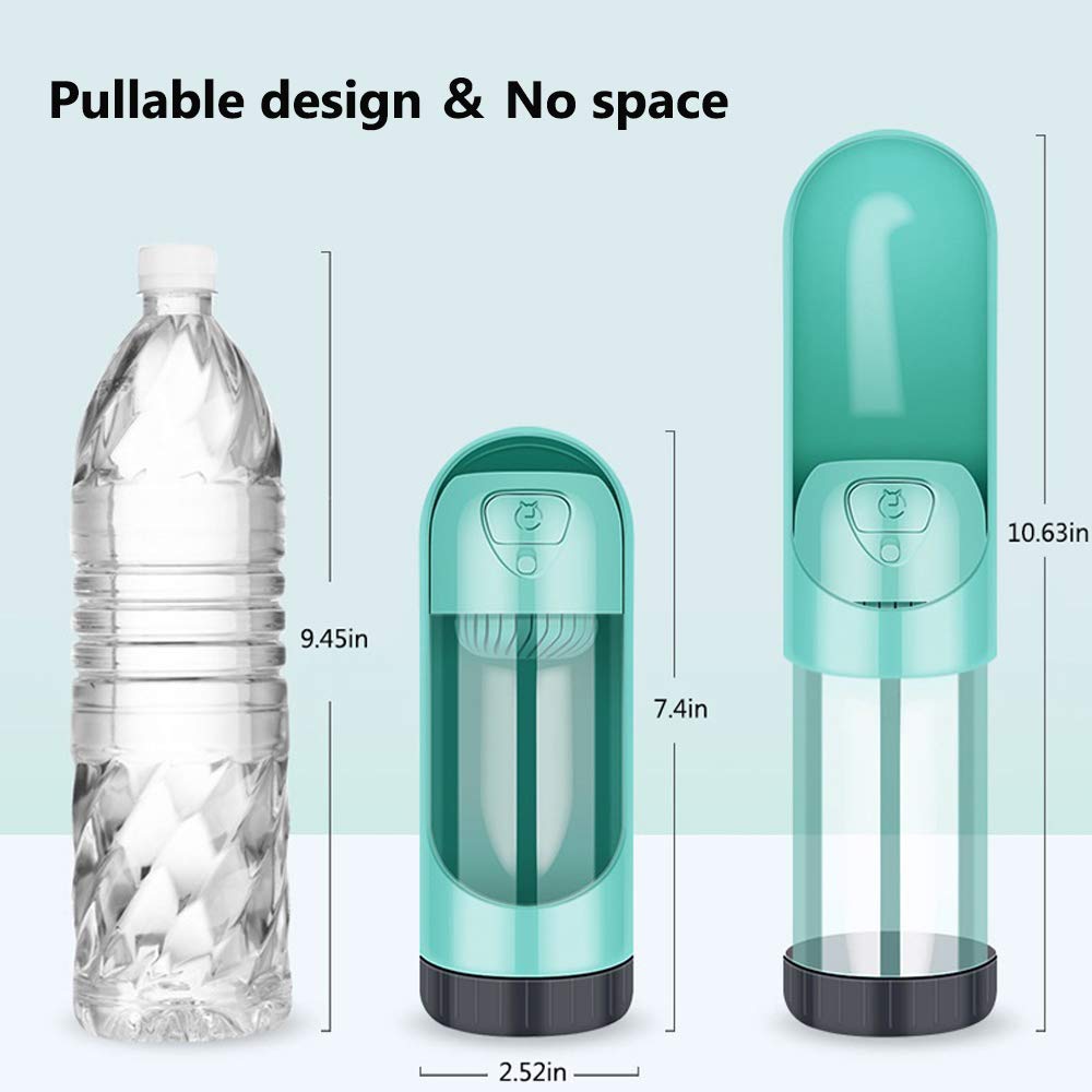 Portable dog water bottle with travel dimensions shown for size comparison