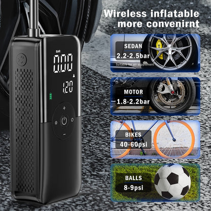 Black portable inflator pump showing side digital display and power controls.