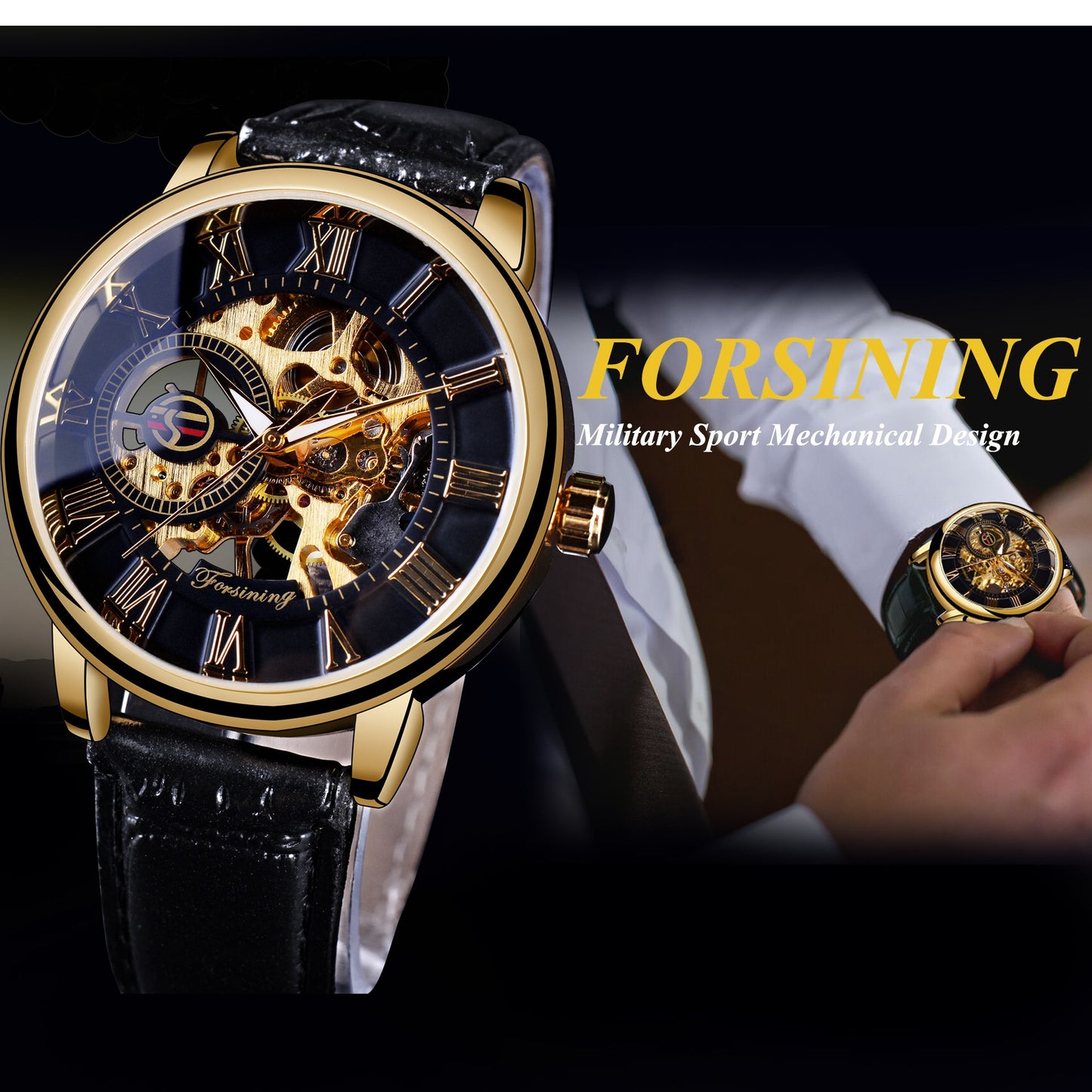 Men mechanical watch, gold bezel, black skeleton dial, black leather strap
