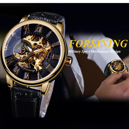 Men mechanical watch, gold bezel, black skeleton dial, black leather strap