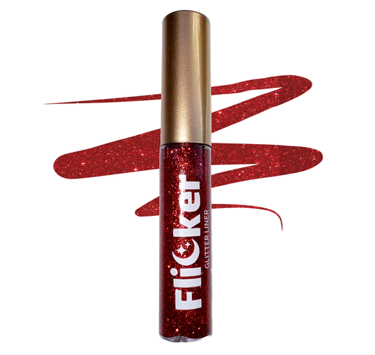 Red glitter eyeliner tube with gold cap and pointed applicator tip.