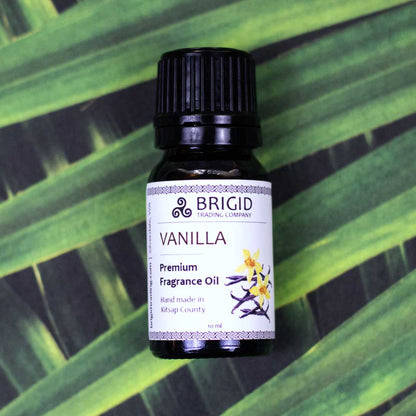 Premium fragrance oil bottle, Vanilla label with black cap and white front tag