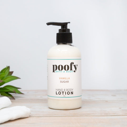 Off-white hand and body lotion pump bottle with vanilla sugar label