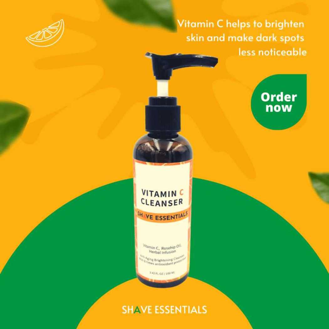 Vitamin C facial cleanser bottle with black pump and white front label