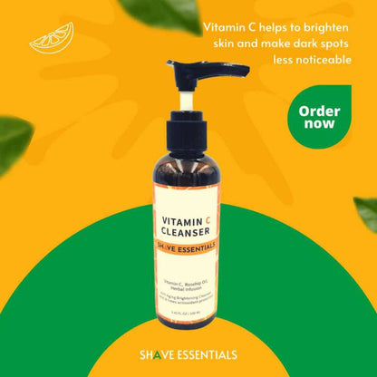 Vitamin C facial cleanser bottle with black pump and white front label