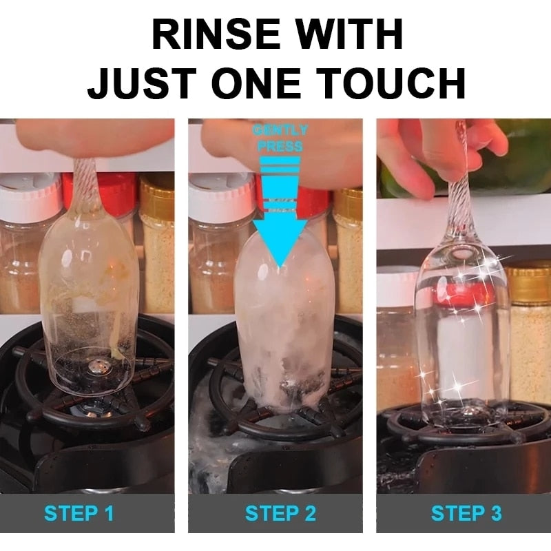 Automatic cup washer one-touch rinse with hands pressing a bottle over the base