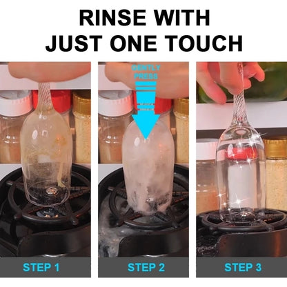 Automatic cup washer one-touch rinse with hands pressing a bottle over the base