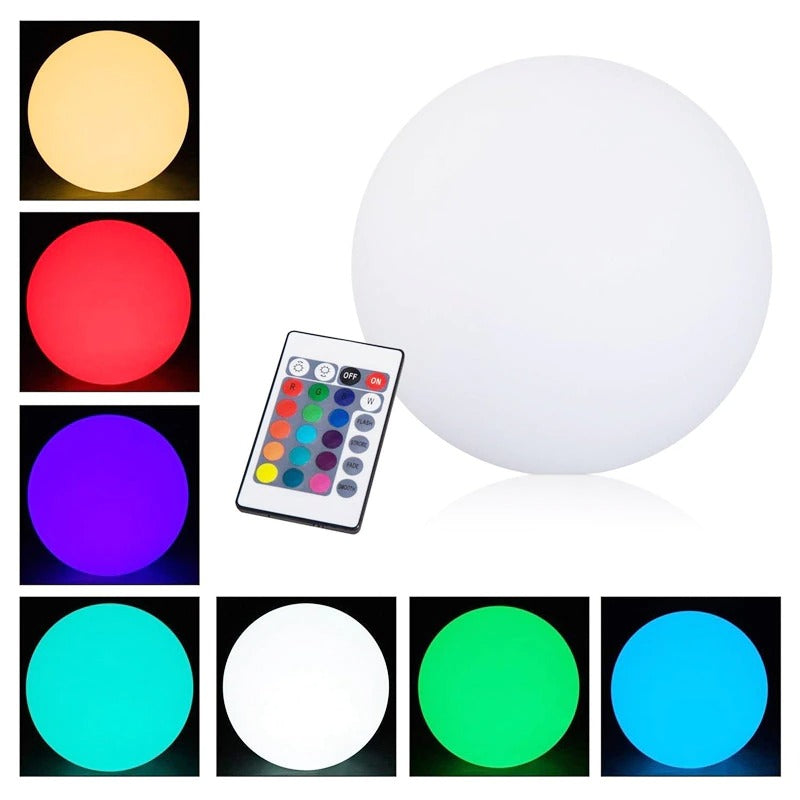 White LED garden ball light sphere with color-control remote and multicolor option swatches
