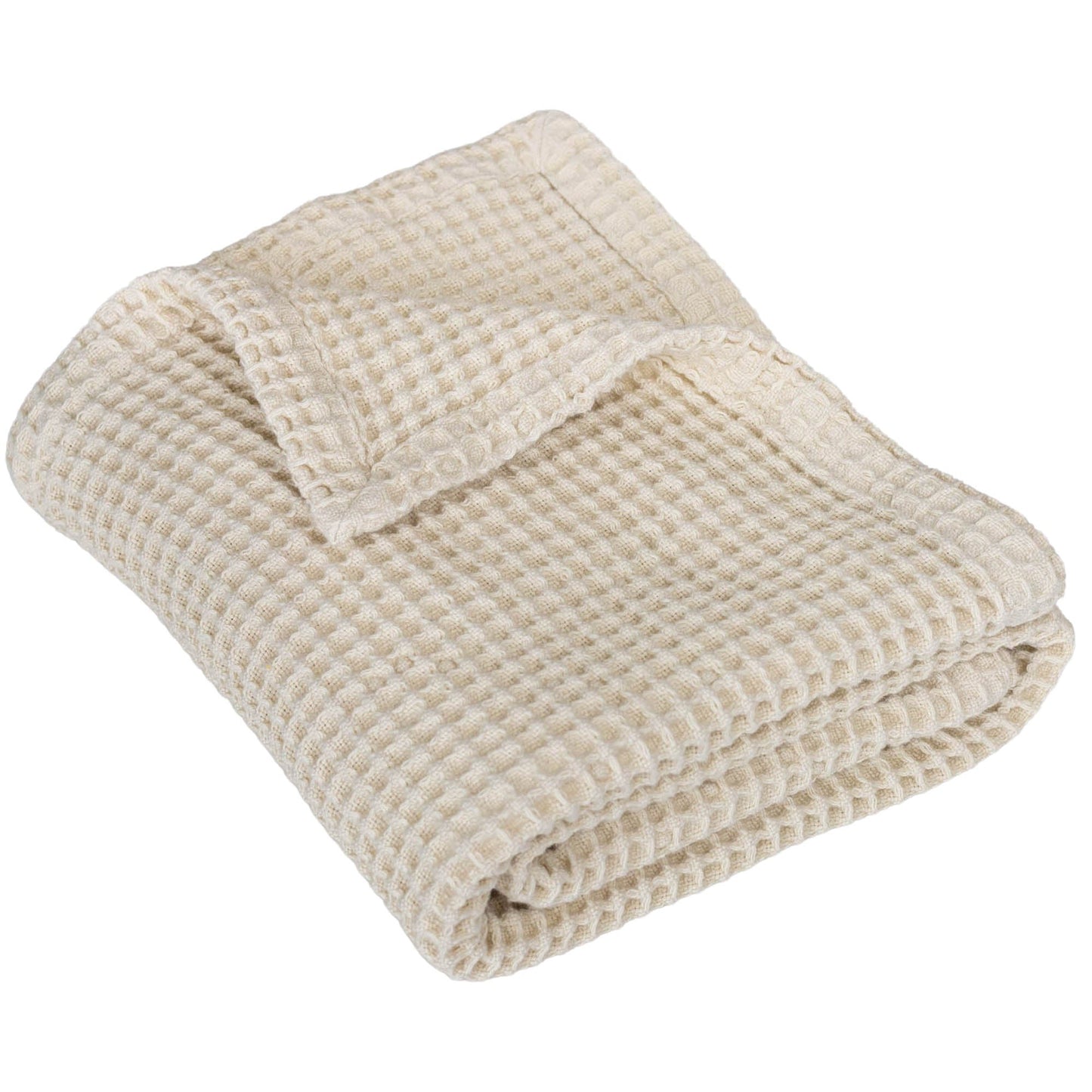 Waffle baby blanket in ivory, neatly folded with textured waffle weave
